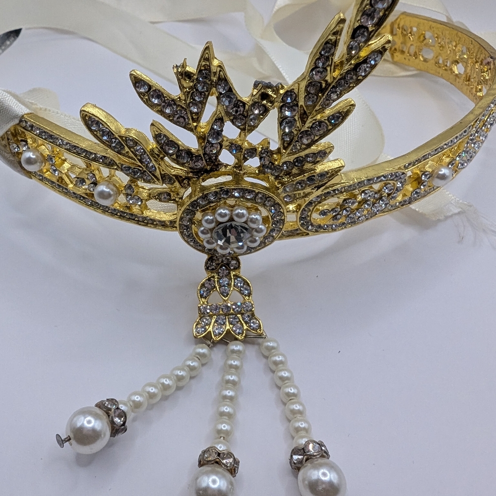 New! Elegant Gold and Silver Tiara with Pearls - Roaring 20s Costume